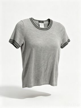 CHANEL Gray Short-Sleeve Rib-Trim Knit Top